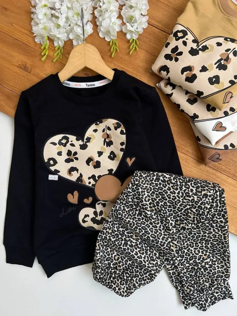 💞 پیراهن شلوار دخترانه پلنگی سه قلب 💞
