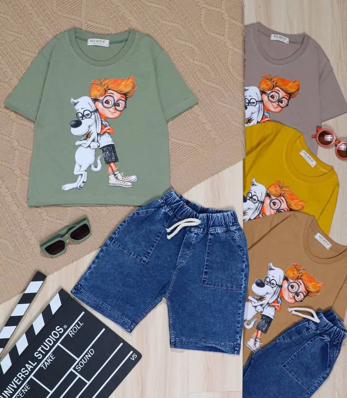 👫تیشرت و شلوارک جین چاپ سگ و پسر👫
