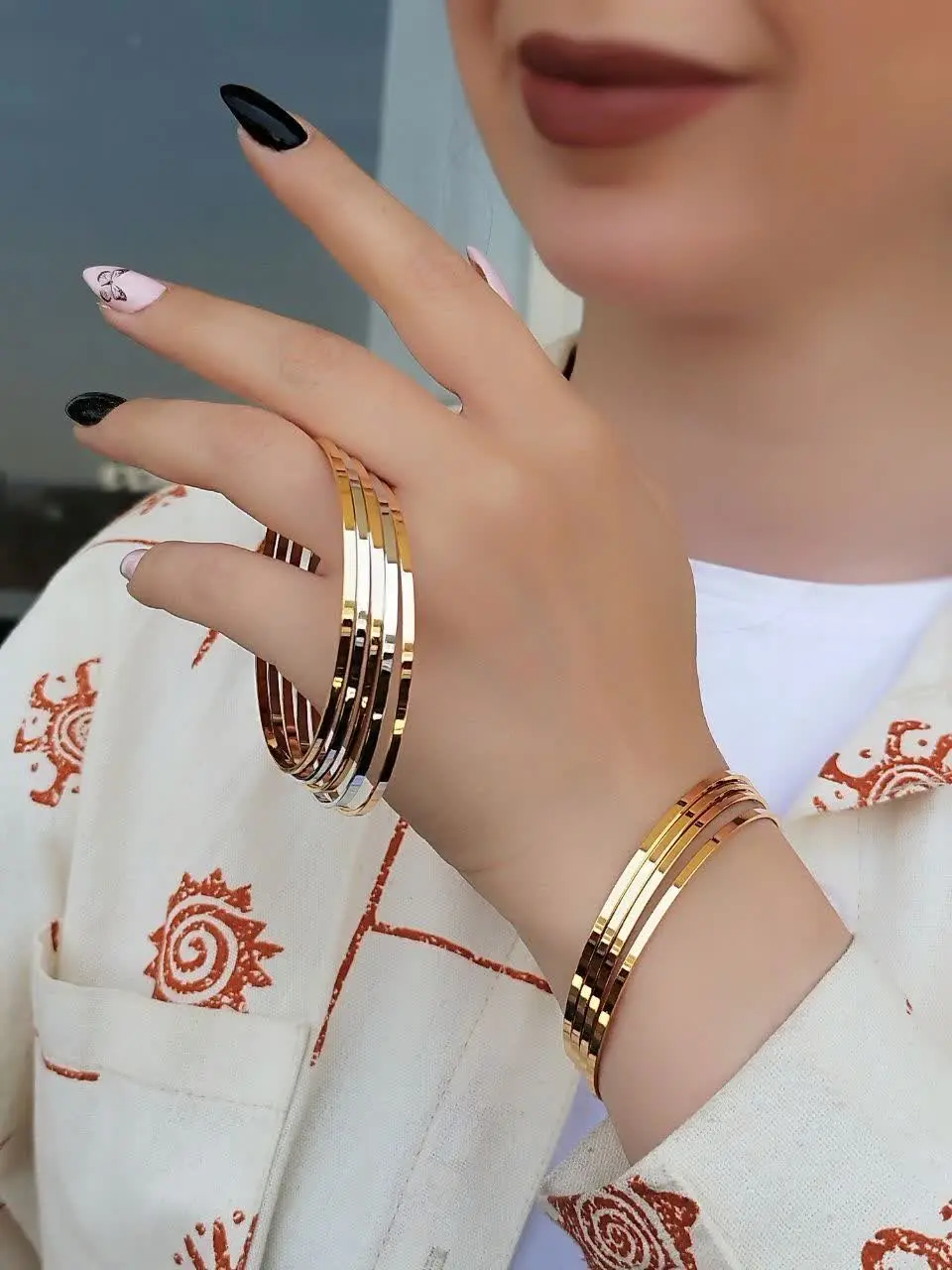 #النگو ۲میل آینه‌ای ساده سفید و طلایی✨
