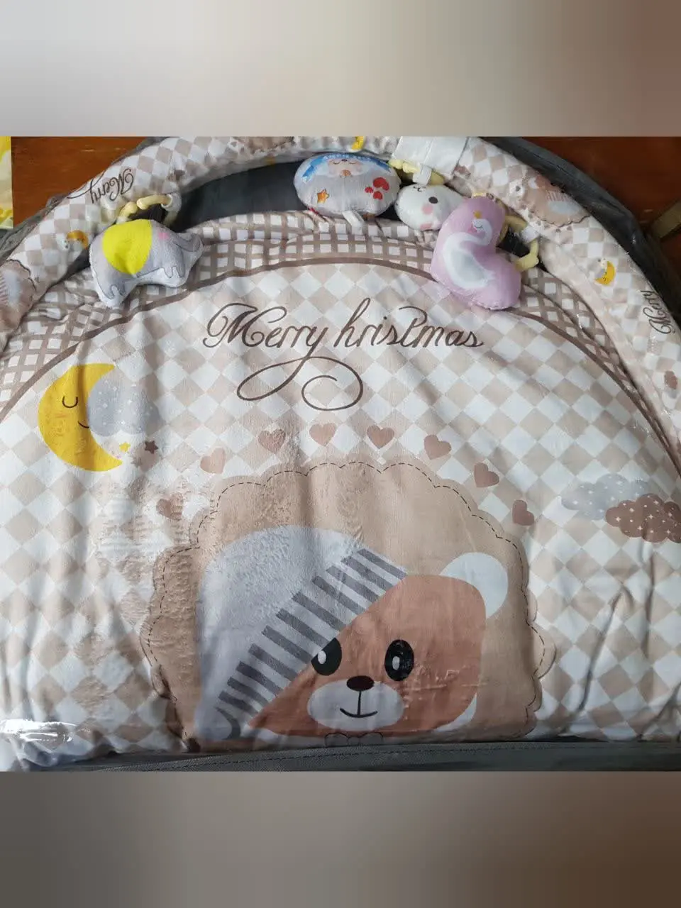 تشک بازی مخمل دایره طرح خرس کریسمس کرمی نوزادی و کودک کد ۹۱۰۵۴ 
