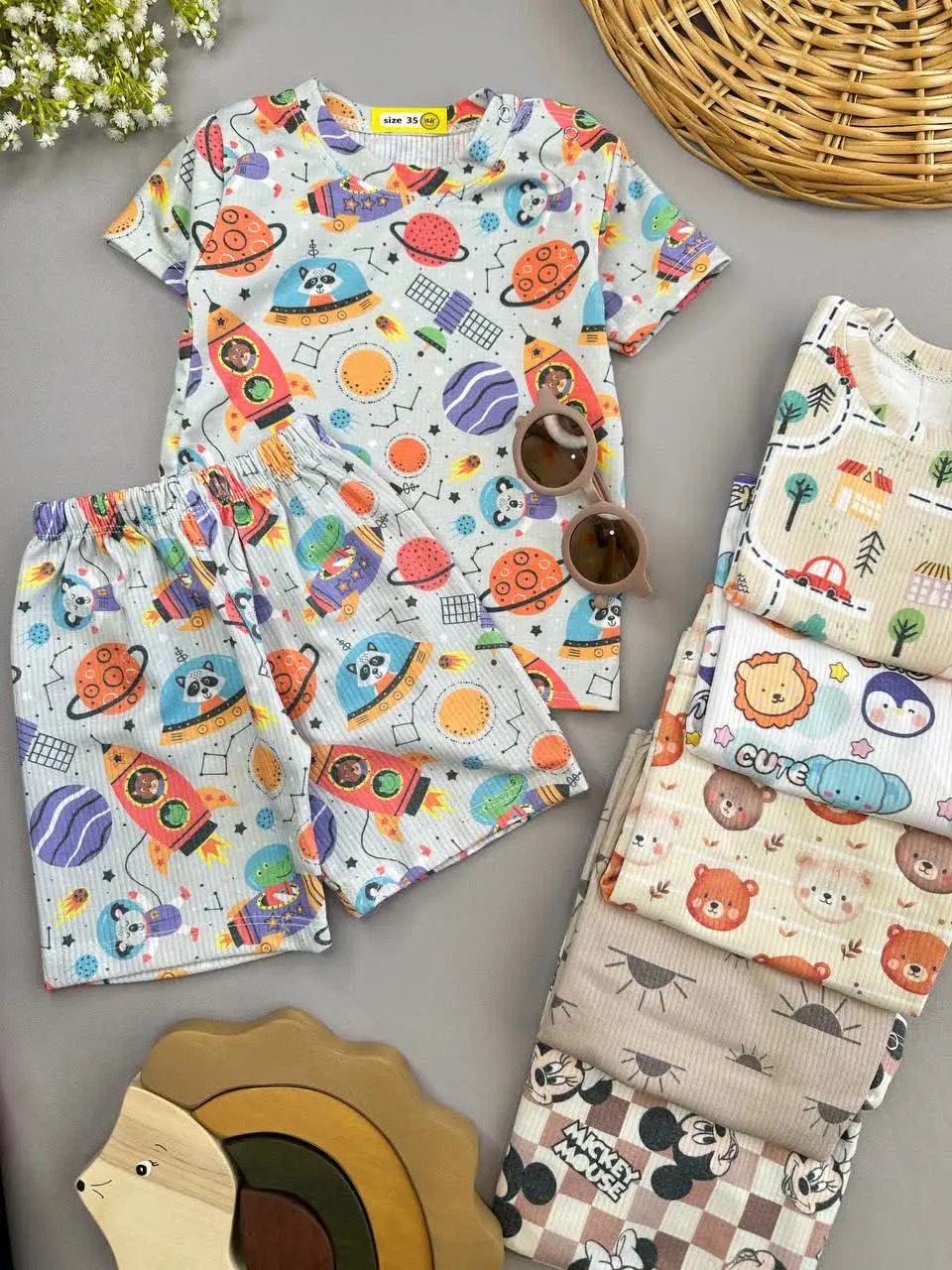 تیشرت شلوارک کبریتی طرح حیوانات فضانورد نوزادی و کودک کد ۱۱۱۲۸ 
