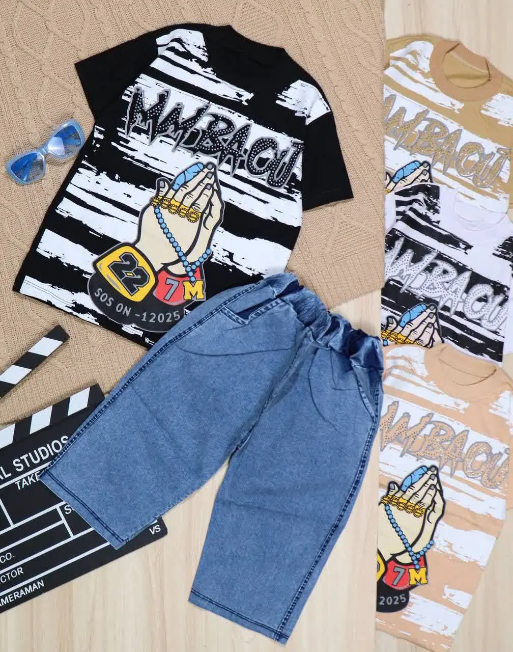 👫تیشرت و شلوارک جین آبی چاپ دست👫
