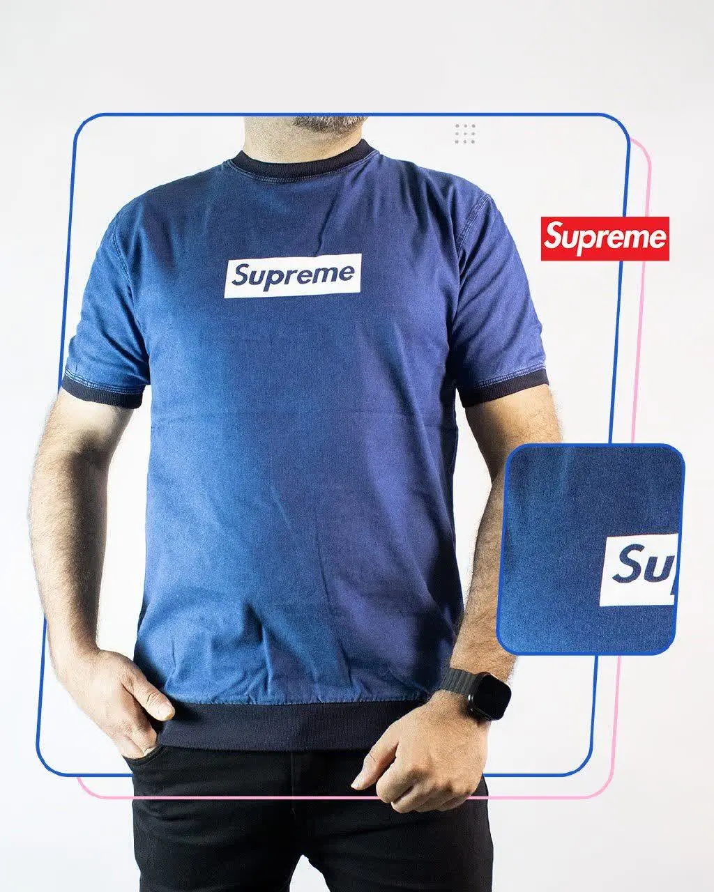 🔸 تیشرت آستین کوتاه مردانه لی آبی تیره Superme مدل ۱۶۱۹
