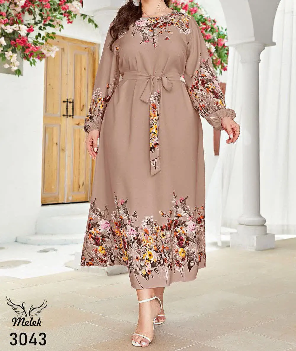 پیراهن خاص و مجلسی یقه گرد آستین بلند کمر کشی با کمربند
