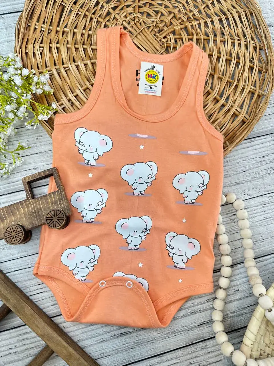 بادی زیردکمه طرح فیل تمام چاپ گلبهی نوزادی و کودک کد ۱۱۸۰۸۵ 
