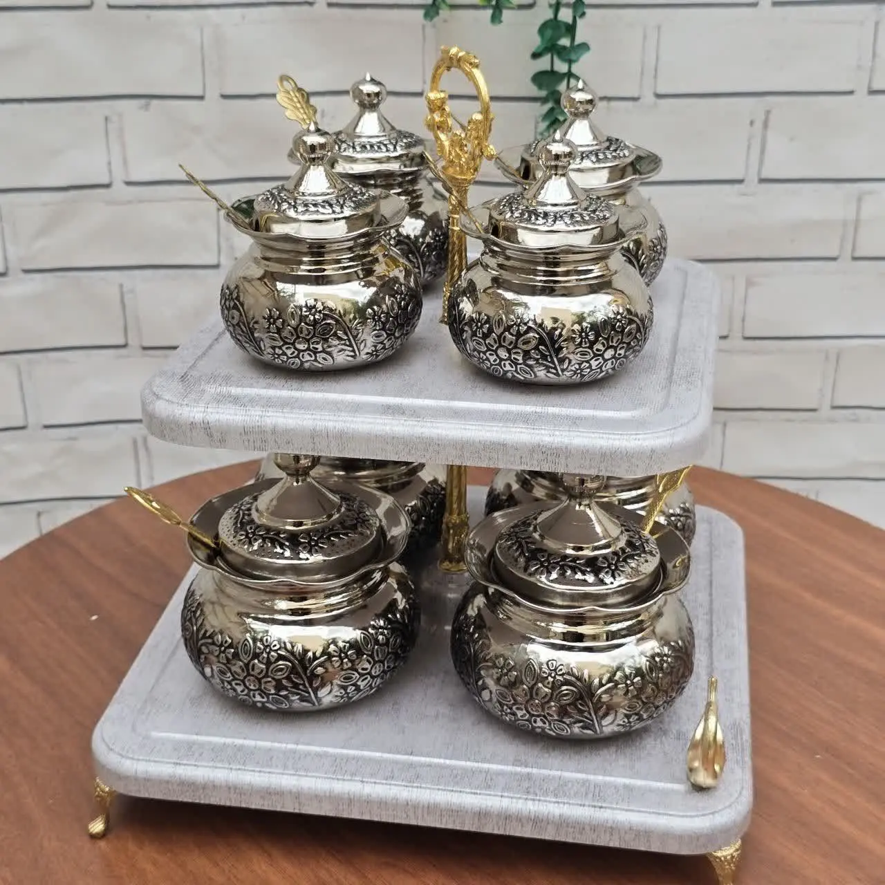 پا سماوری وجا ادویه مسی سیاه قلم رنگ کروم ۸عددی دو طبقه 
