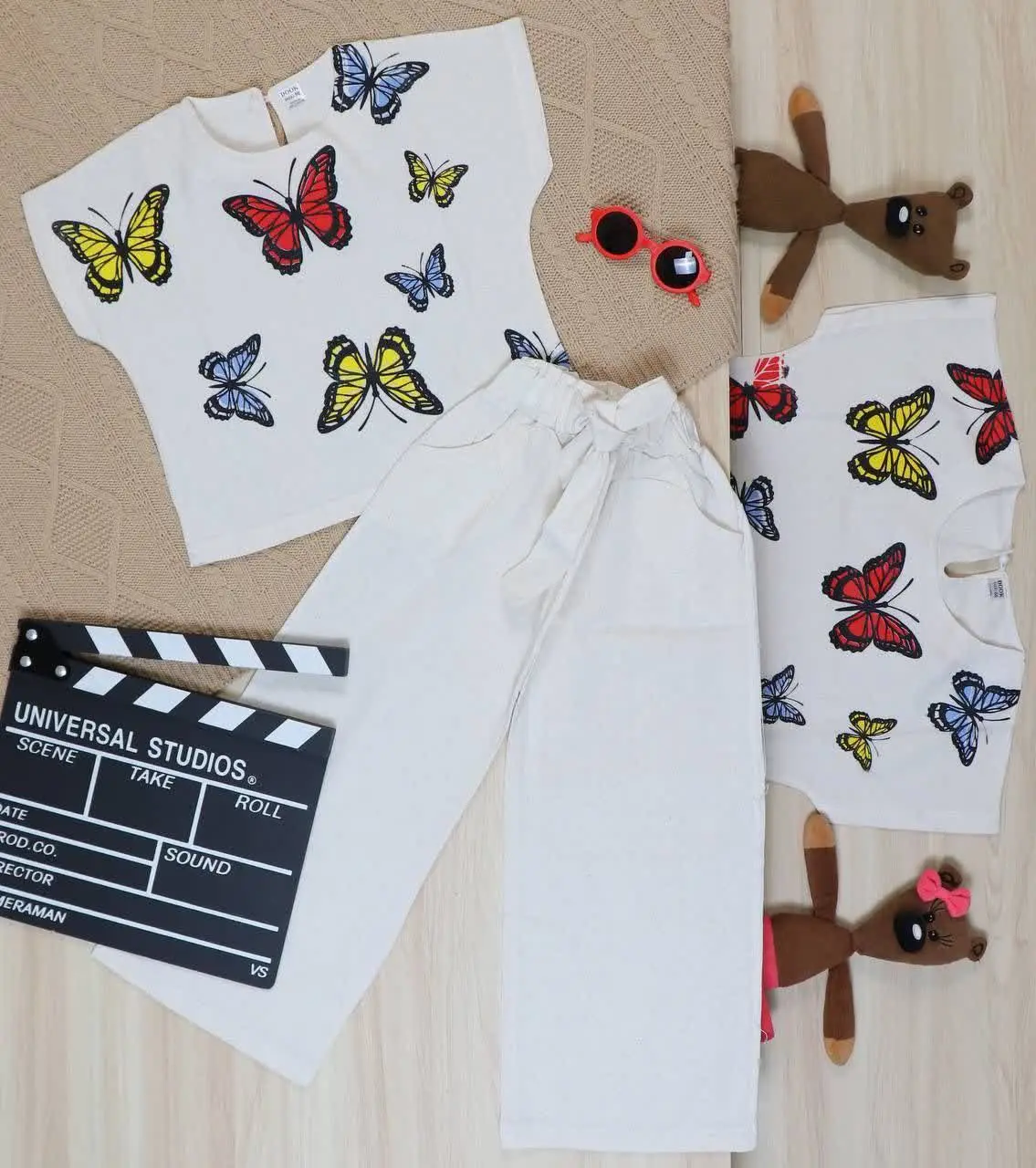 👫کراپ و شلوارک دخترانه کنفی چاپ پروانه 👫
