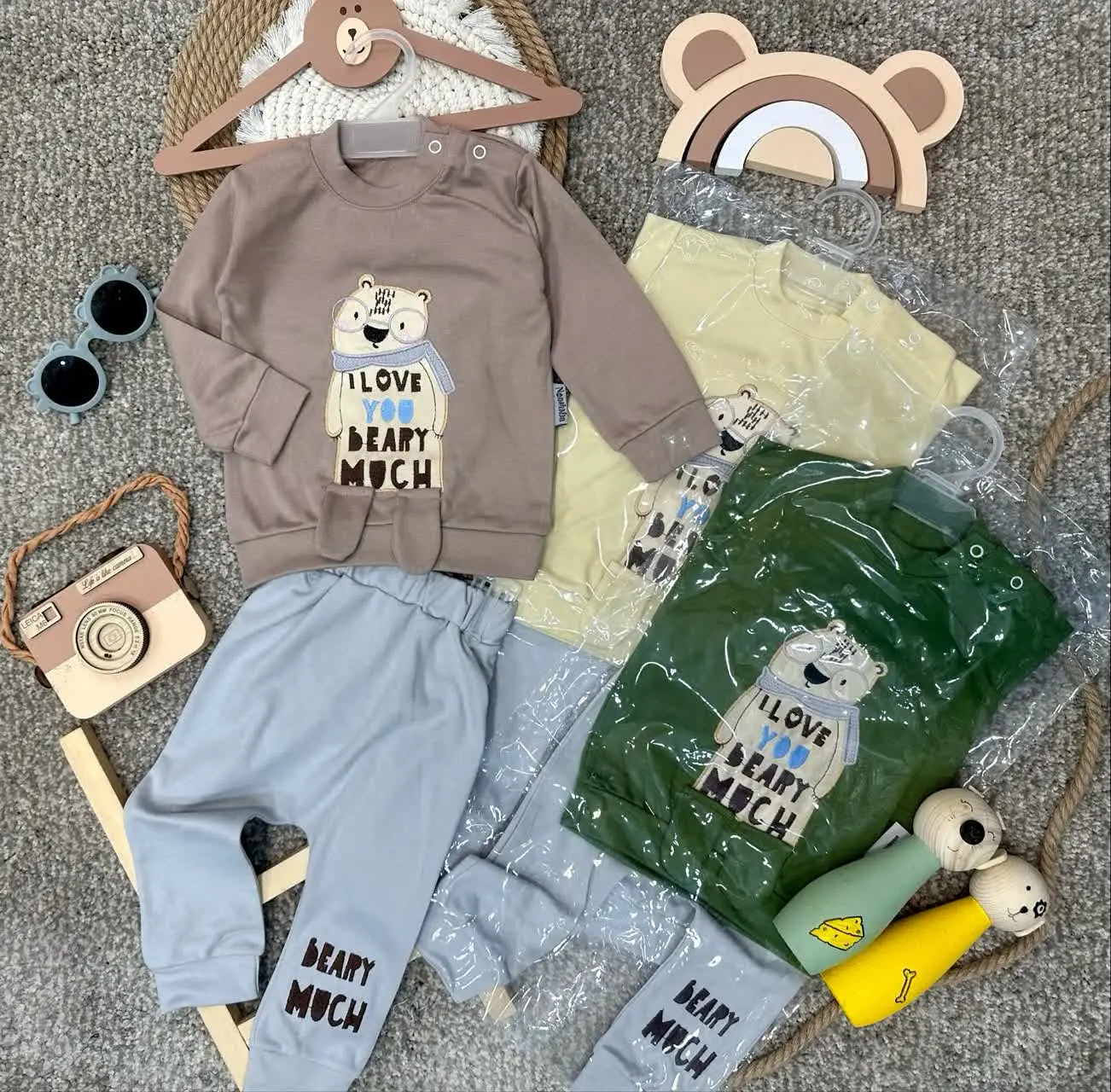 👫بلوز شلوار نوزادی گلدوزی خرس شالگردنی✅
