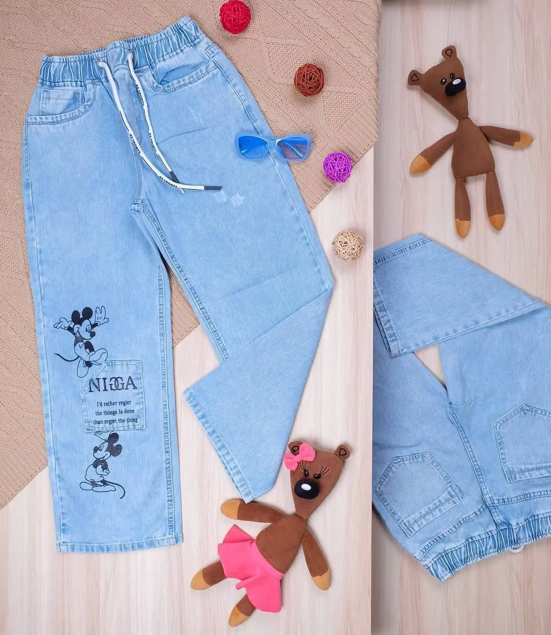 👫شلوار جین دخترانه بگ آبی یخی میکی موس👫
