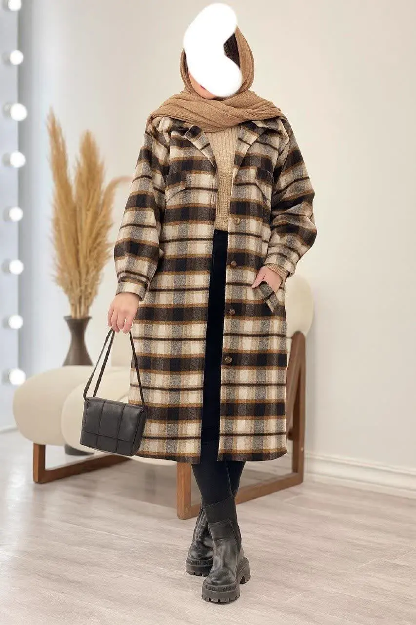 💥 مانتو چهارخونه بلند پشمی 😍