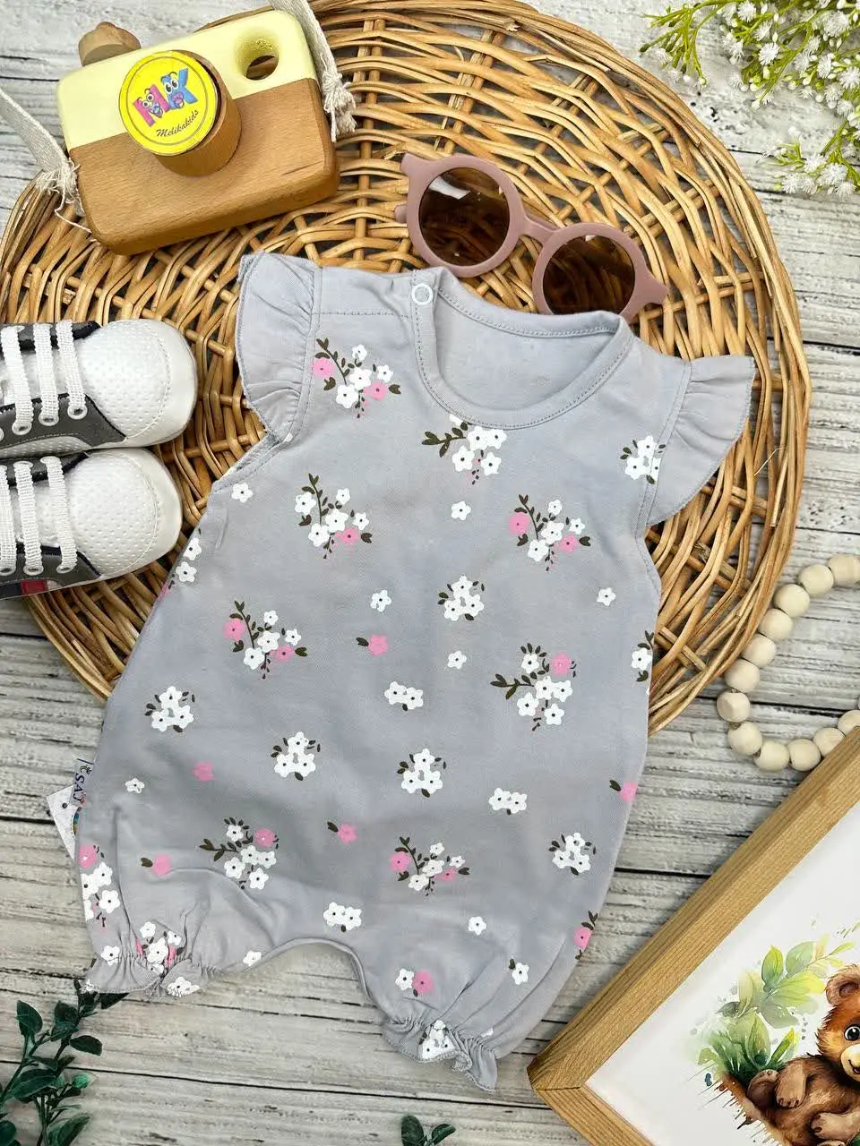 رامپر طرح شکوفه طوسی نوزادی و کودک کد ۱۸۰۳۰ 
