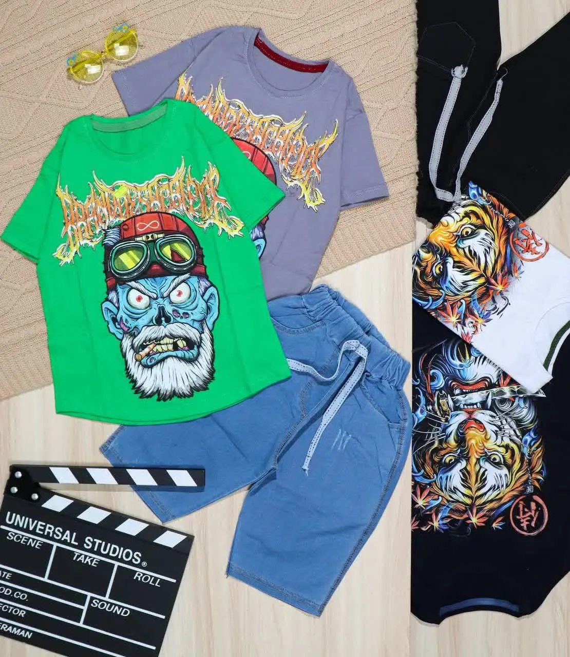 👫تیشرت و شلوارک جین آبی/زغالی ببر و میمون👫
