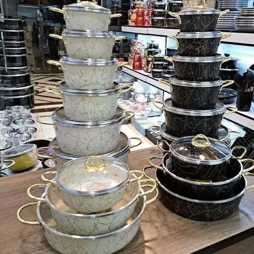 🍲🍳سرویس قابلمه و ماهیتابه ١۵ پارچه طرح ماربل (کوشا) 🥘
