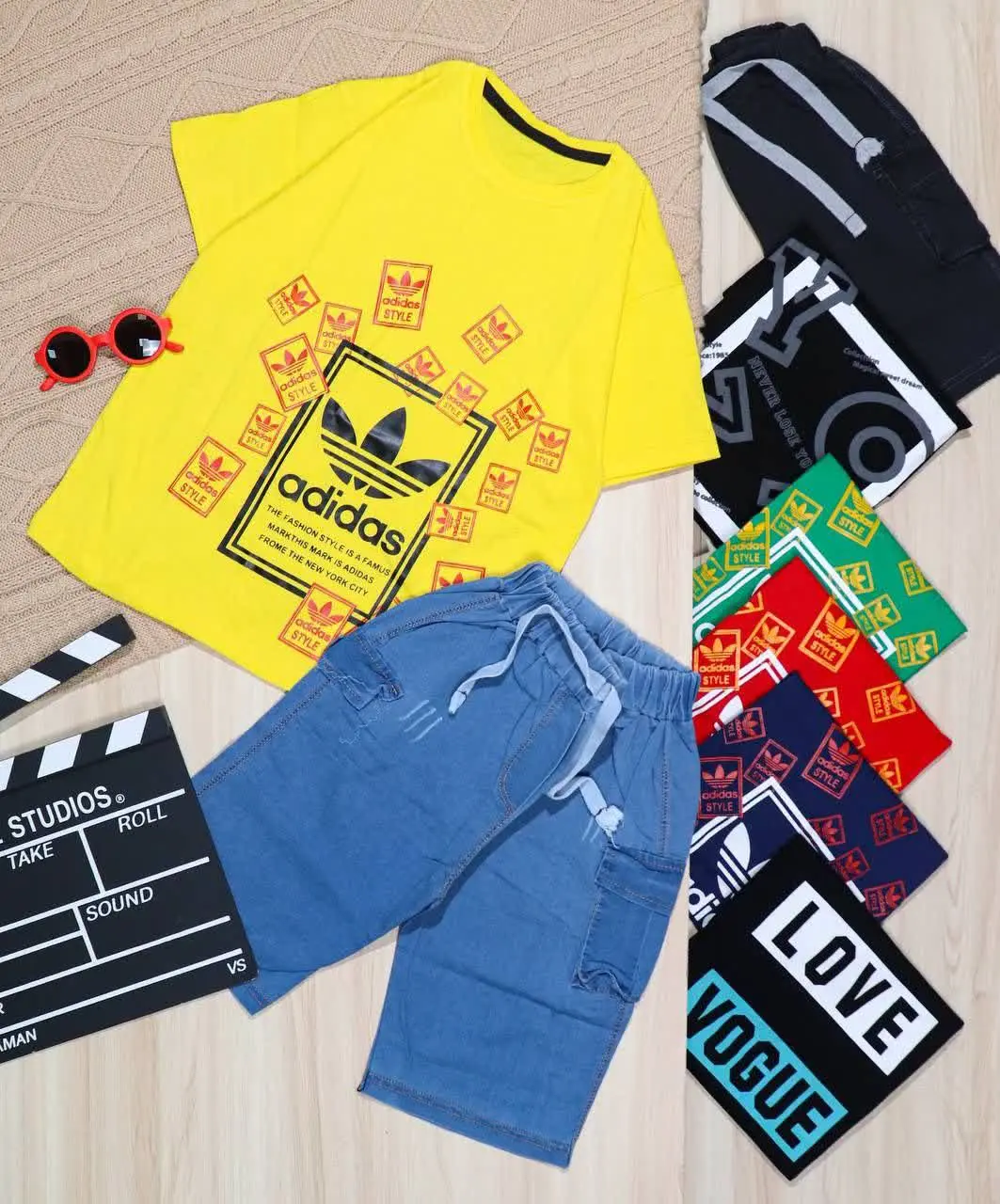 👫تیشرت و شلوارک جین آبی/زغالی چاپ میکس آدیداس👫
