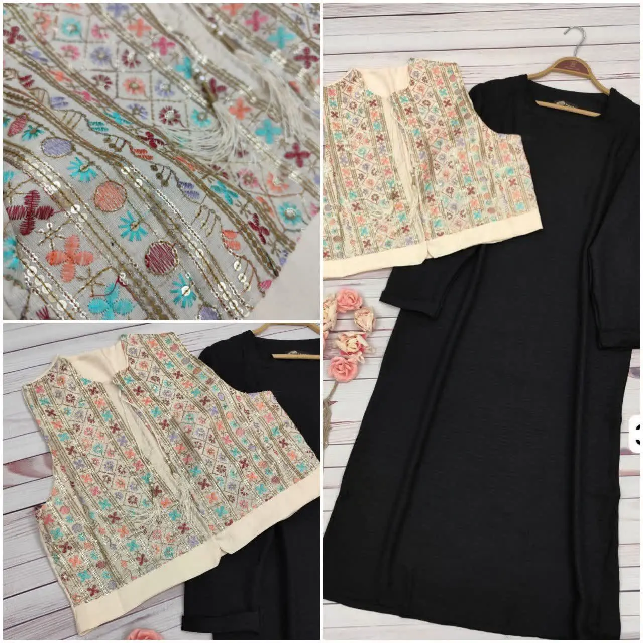 پیراهن آستین بلند و جلیقه سوزن دوزی شده 🤩
