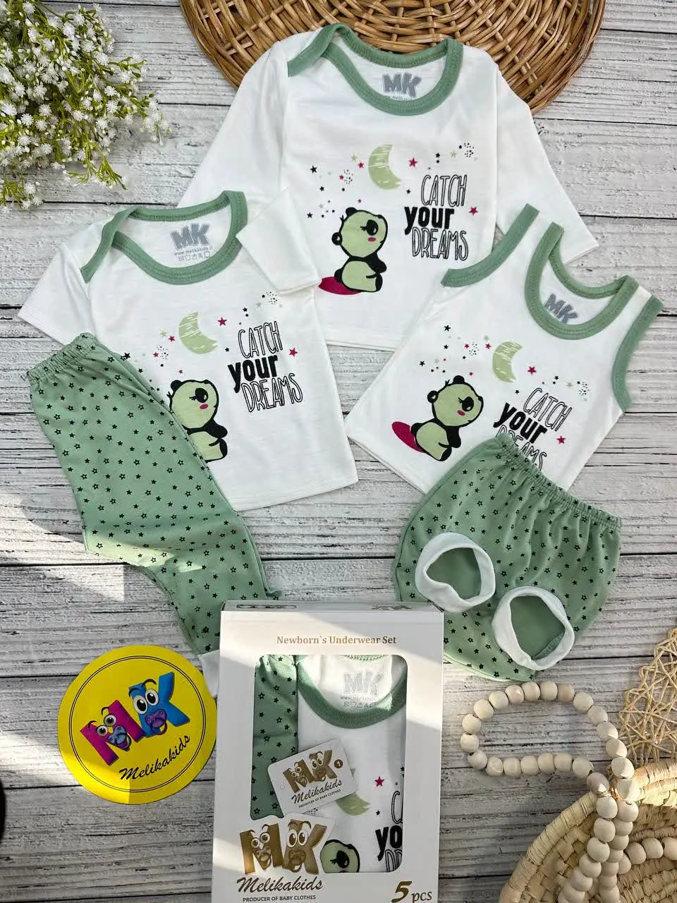 پنج تکه طرح پاندا سبز سدری نوزادی و کودک کد ۱۱۷۴۱۷ 
