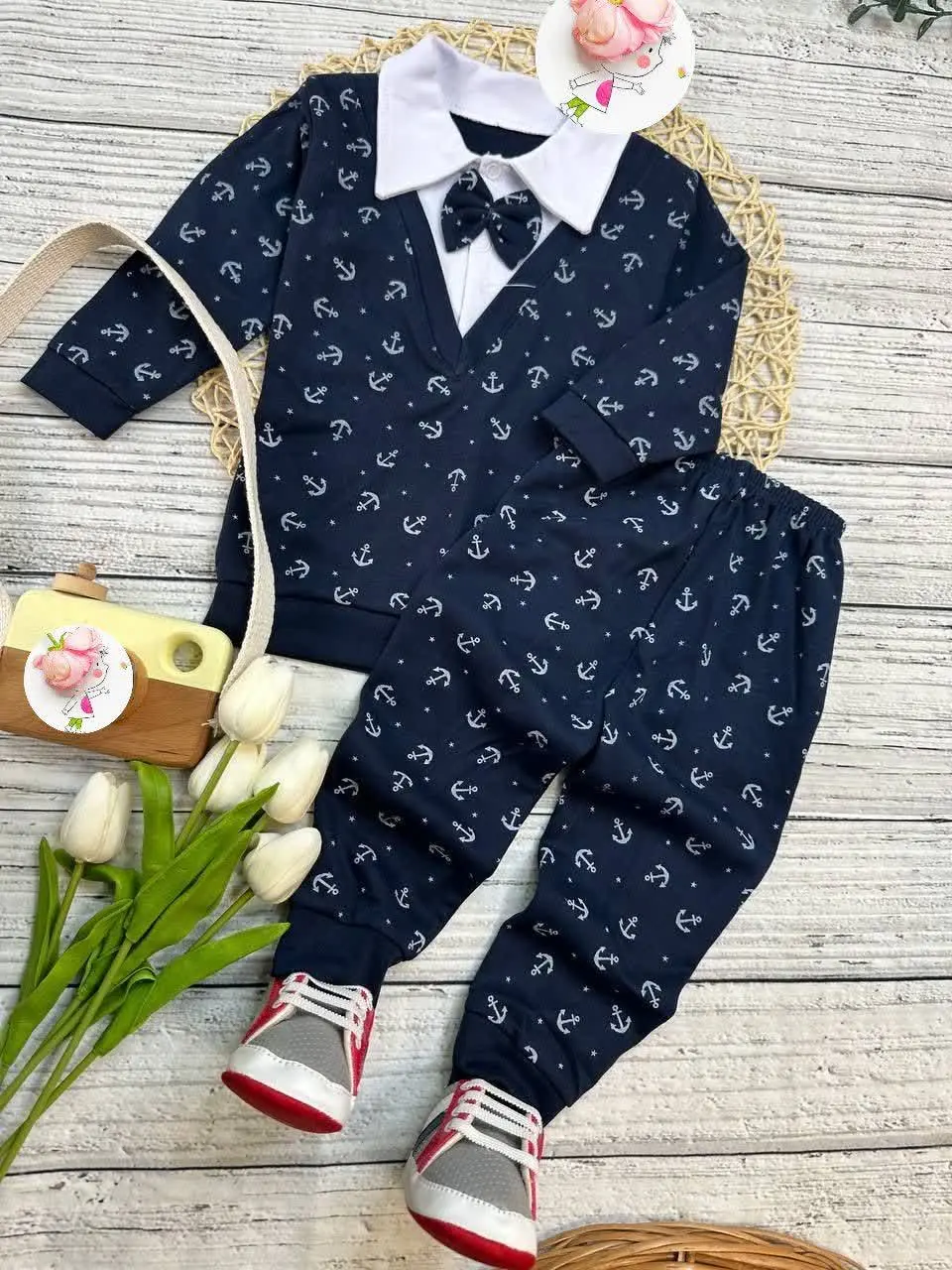 بلوز شلوار پنبه طرح لنگر مجلسی نوزادی و کودک 
