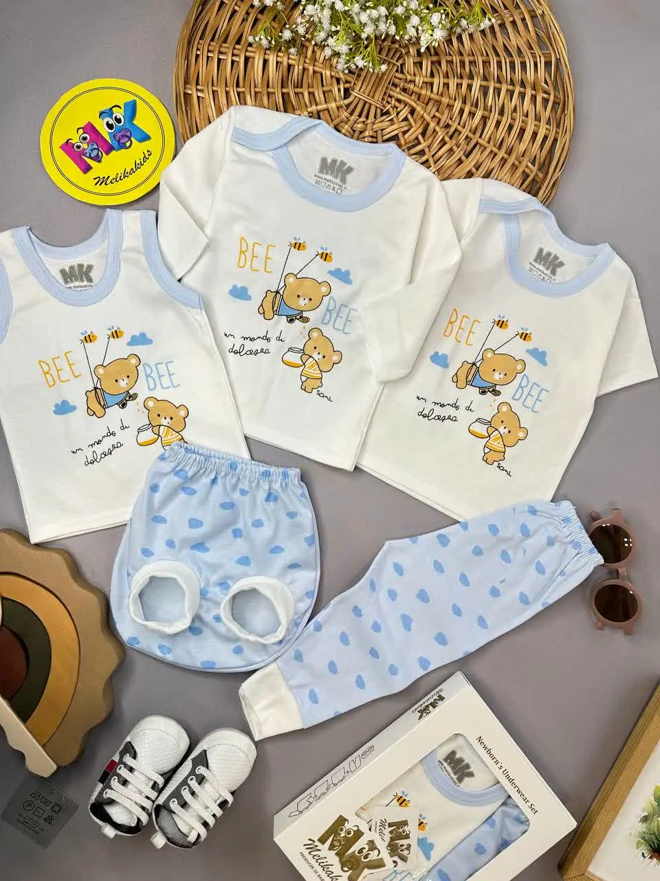 پنج تکه طرح خرس و زنبور آبی نوزادی و کودک کد ۱۱۷۴۱۱ 
