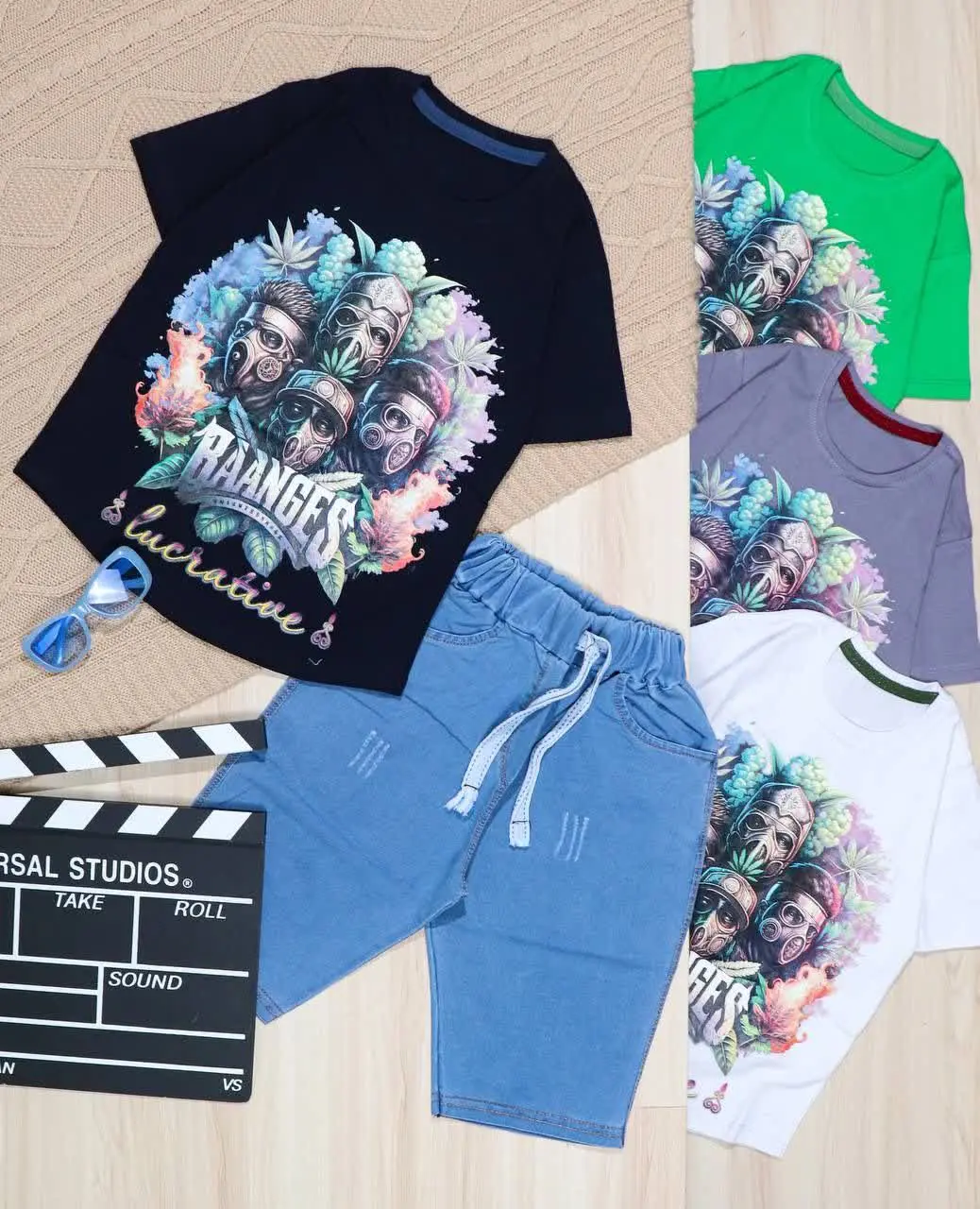 👫تیشرت و شلوارک جین آبی/زغالی چاپ ۴مرد ماسکی👫
