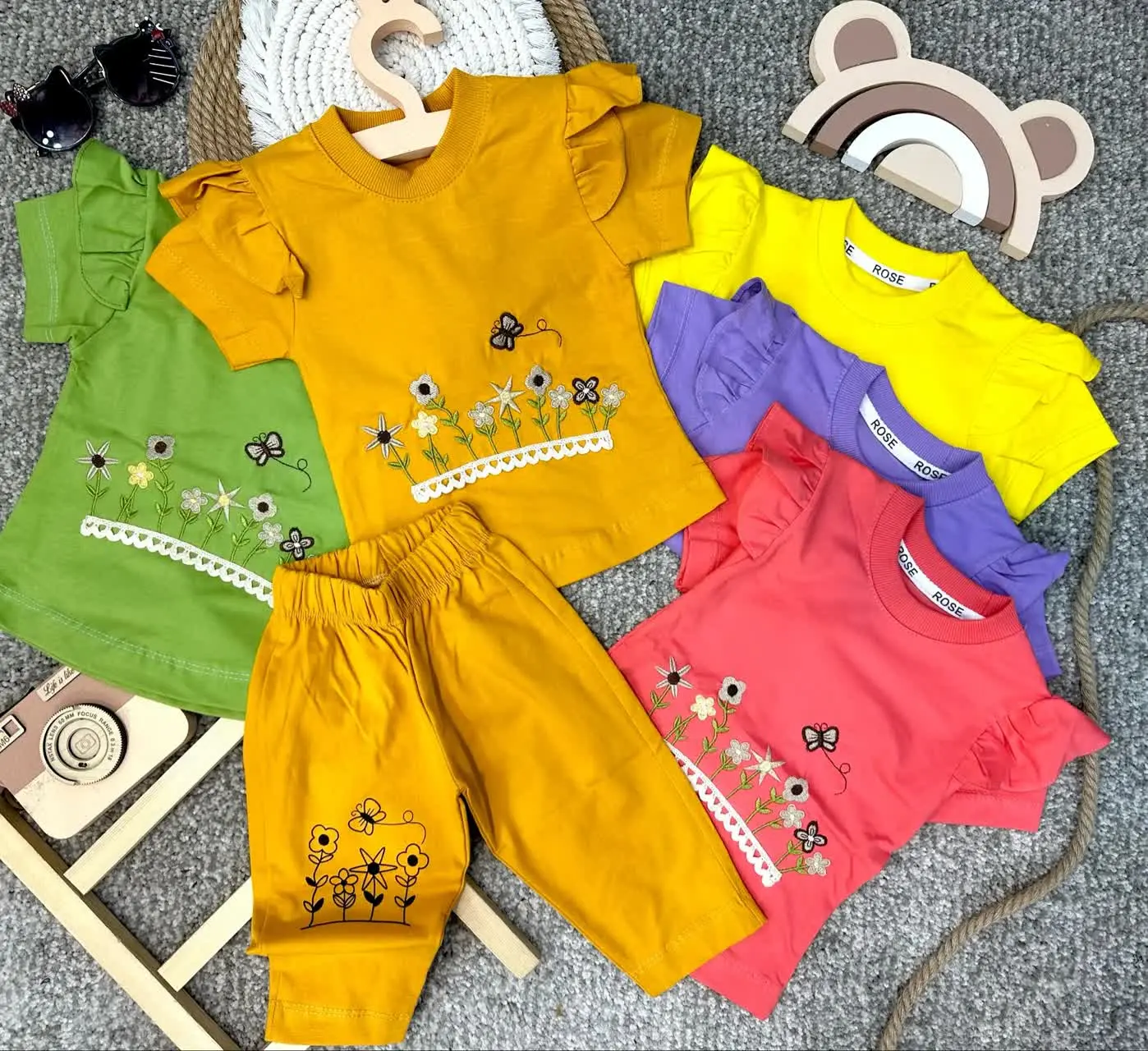 👫تیشرت شلوارک دخترانه گلدوزی گل و پروانه درجه یک ✅
