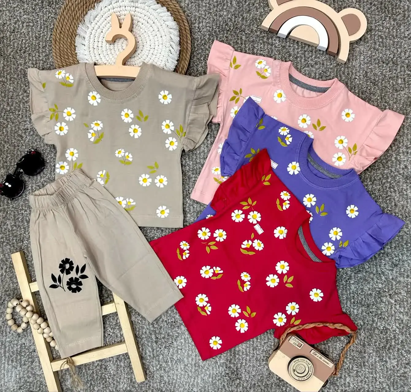 👫تیشرت شلوارک لش دخترانه تمام چاپ بابونه ✅
