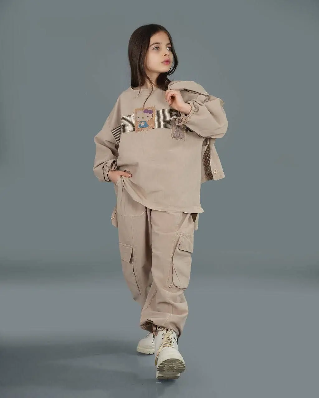 سه تیکه کتان دخترانه مانتو جلیقه با شلوارکارگو 
