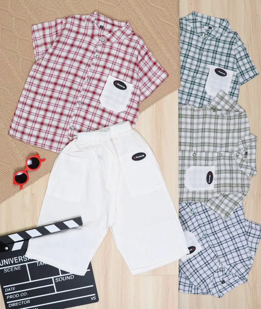 👫پیراهن و شلوارک کنفی یقه فرنچ چهارخونه👫
