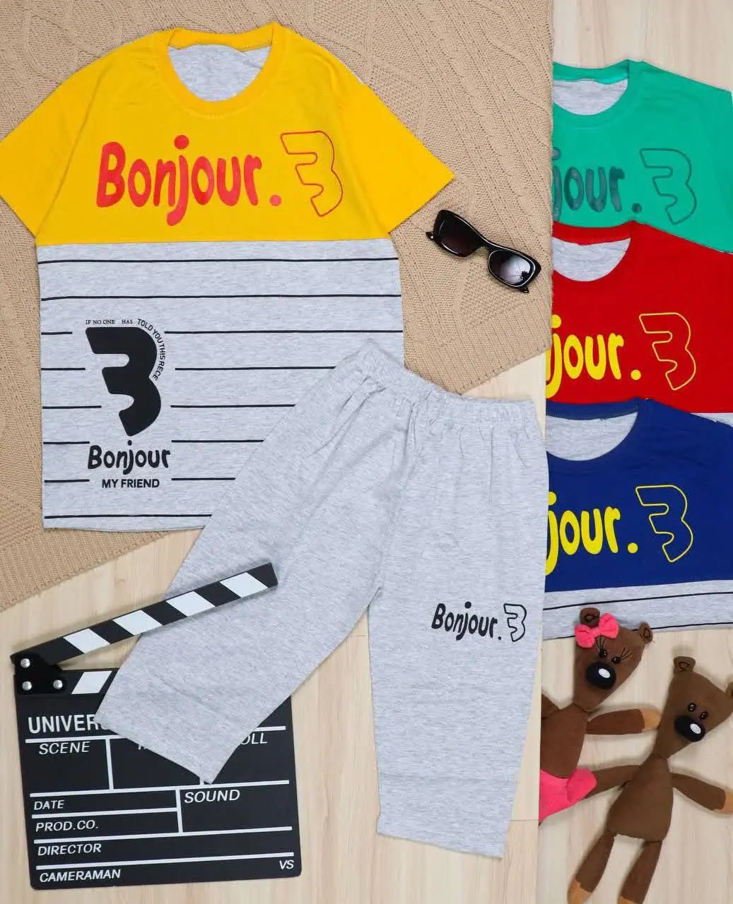 👫تیشرت و شلوارک ترکیبی چاپ BONJOUR خطی👫
