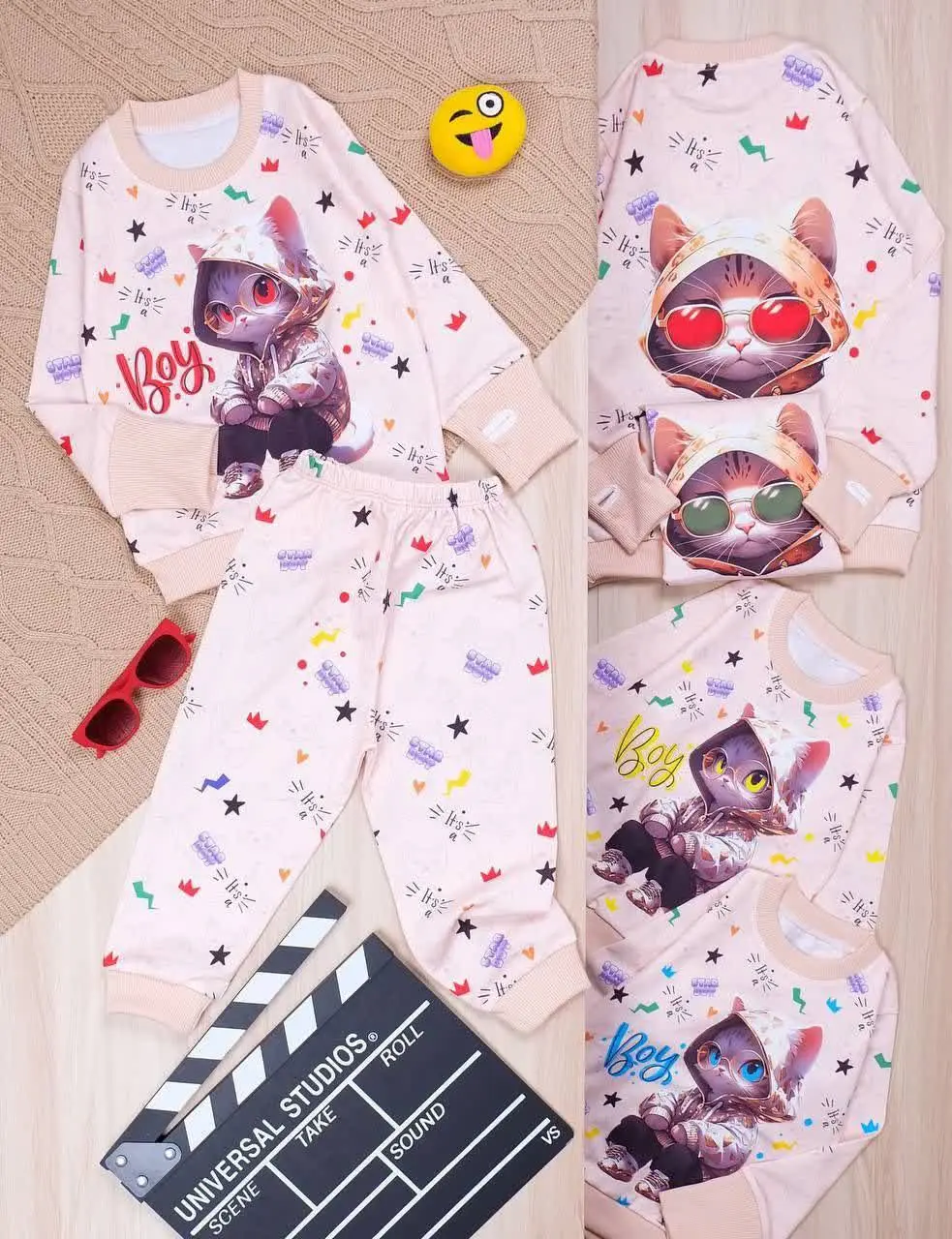 👫بلوز و شلوار دخترانه چاپ گربه عینکی👫
