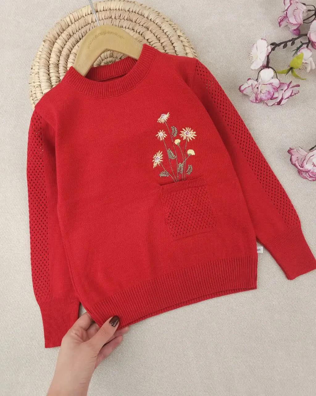 بلوز بافت دخترانه جیب گلدوزی