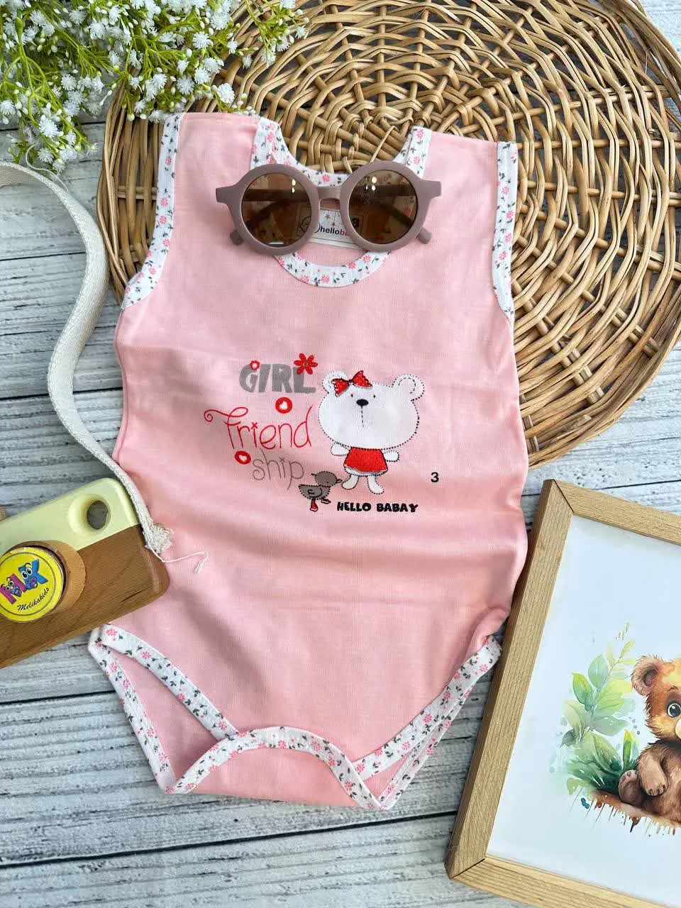 بادی زیردکمه طرح خرس صورتی نوزادی و کودک کد ۱۱۸۱۰۴ 
