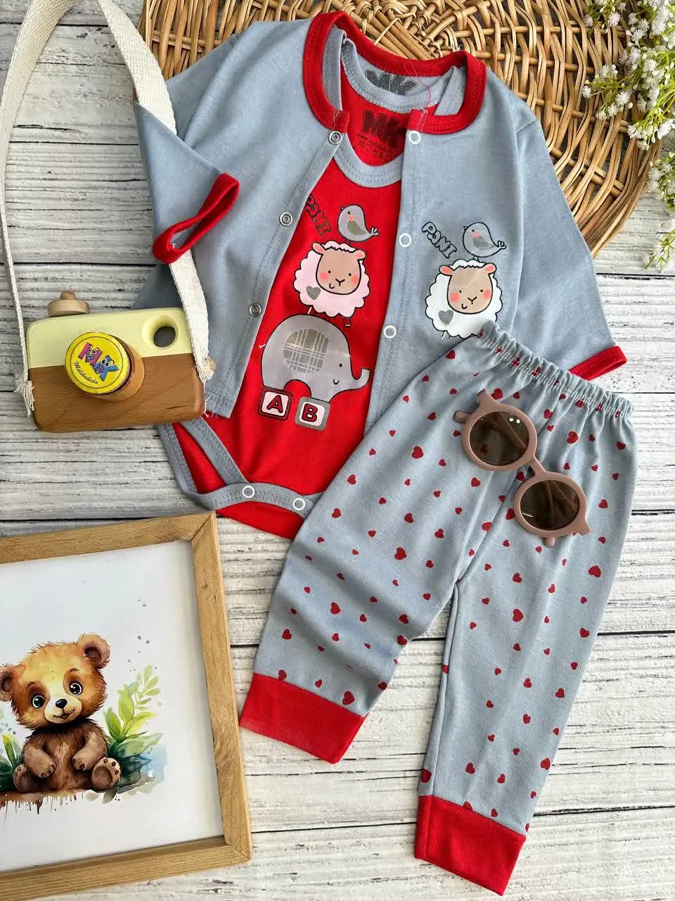 سه تکه فیل و ببعی و گنجشک طوسی قرمز نوزادی و کودک کد ۱۱۷۲۸۰ 
