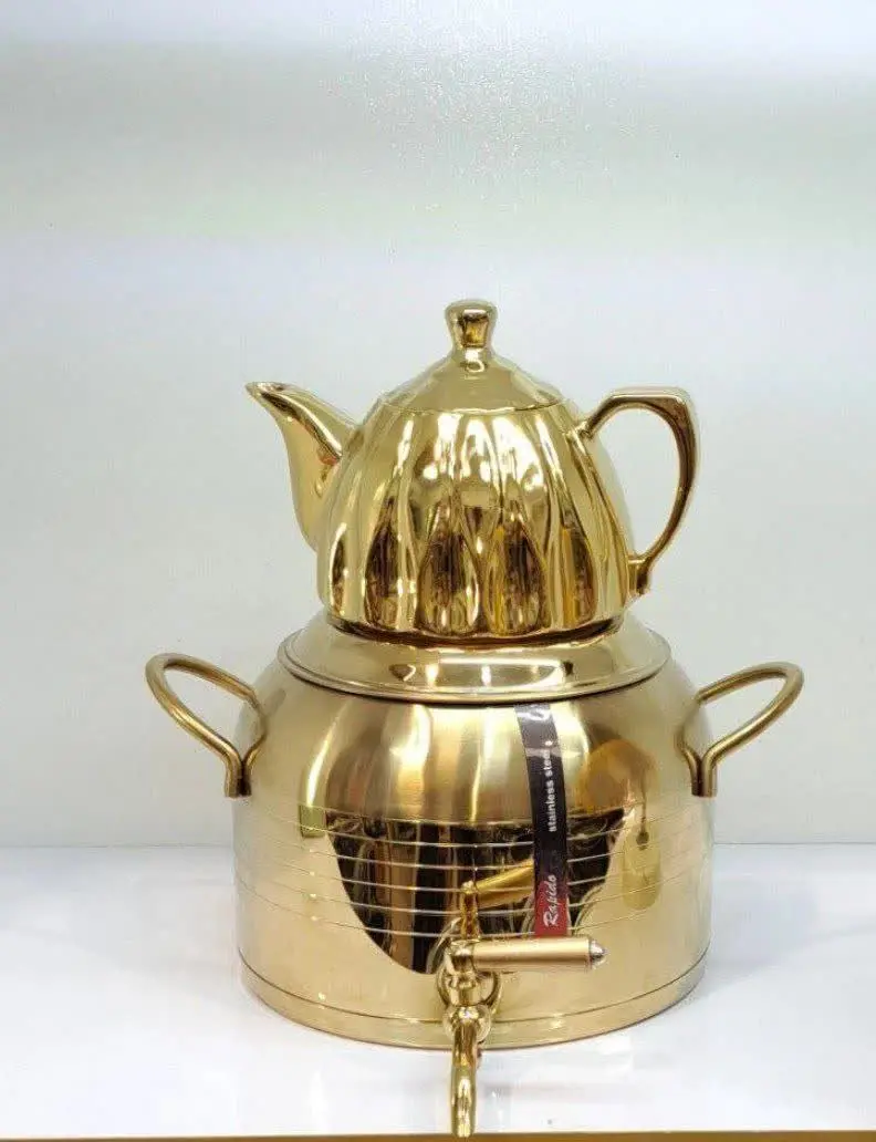 🔱کتری قوری استیل طلایی طرح ترک (Rapida) 
