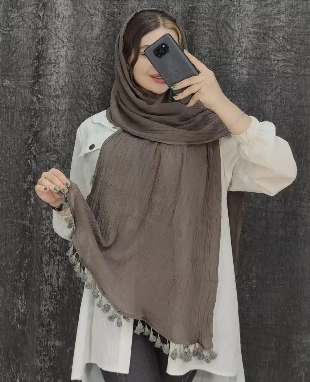 شال #کنفی منگوله دار نخ پنبه الیاف طبیعی 
