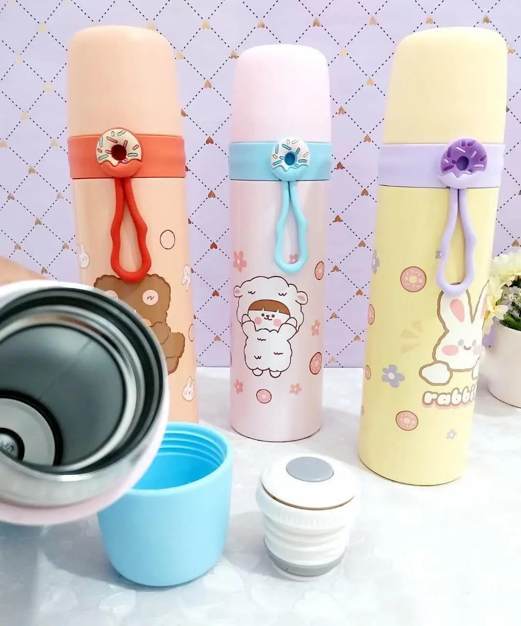 فلاسک استیل دونات رنگ صورتی
