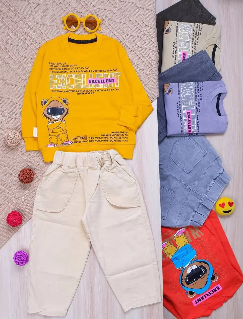 👫بلوز و شلوار جین رنگی خرس عینک دار👫
