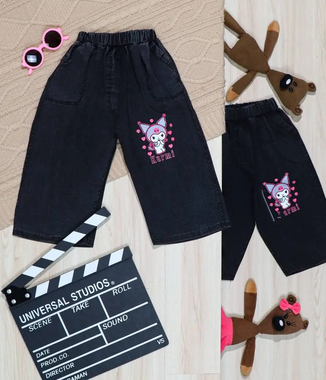 👫شلوارک نیل دخترانه زغالی چاپ کرومی👫
