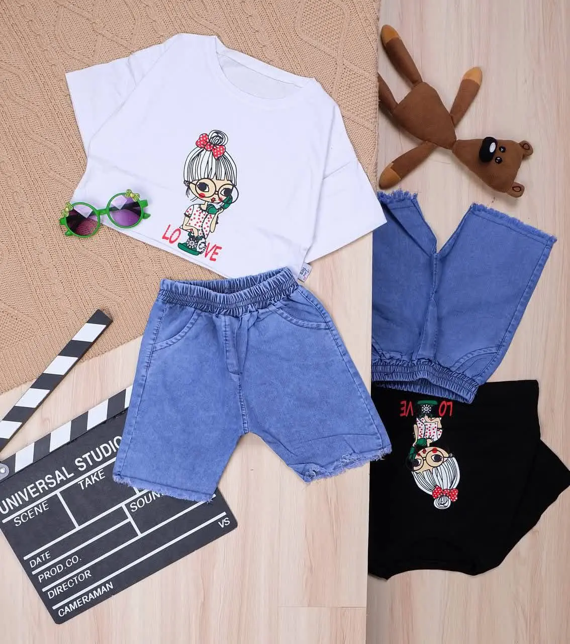 👫کراپ و شلوارک جین چاپ دختر عینکی👫
