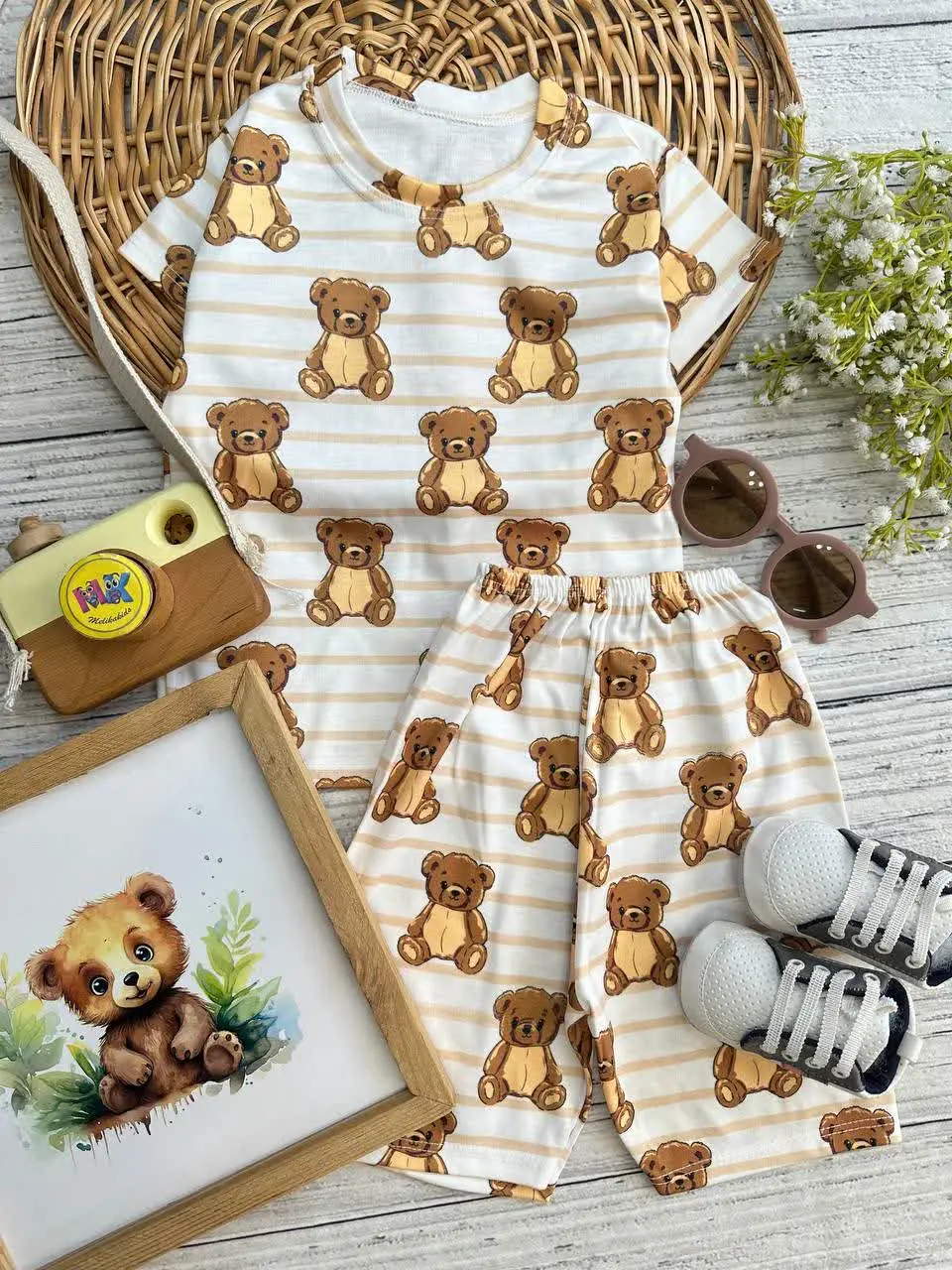 تیشرت شلوارک تدی راه راه نوزادی و کودک کد ۱۱۰۹۹ 
