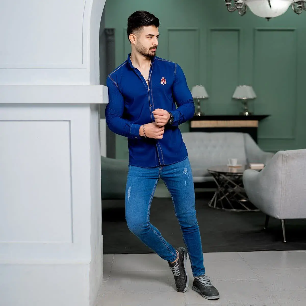 🏆پیراهن مردانه LV آبی مدل gabi
