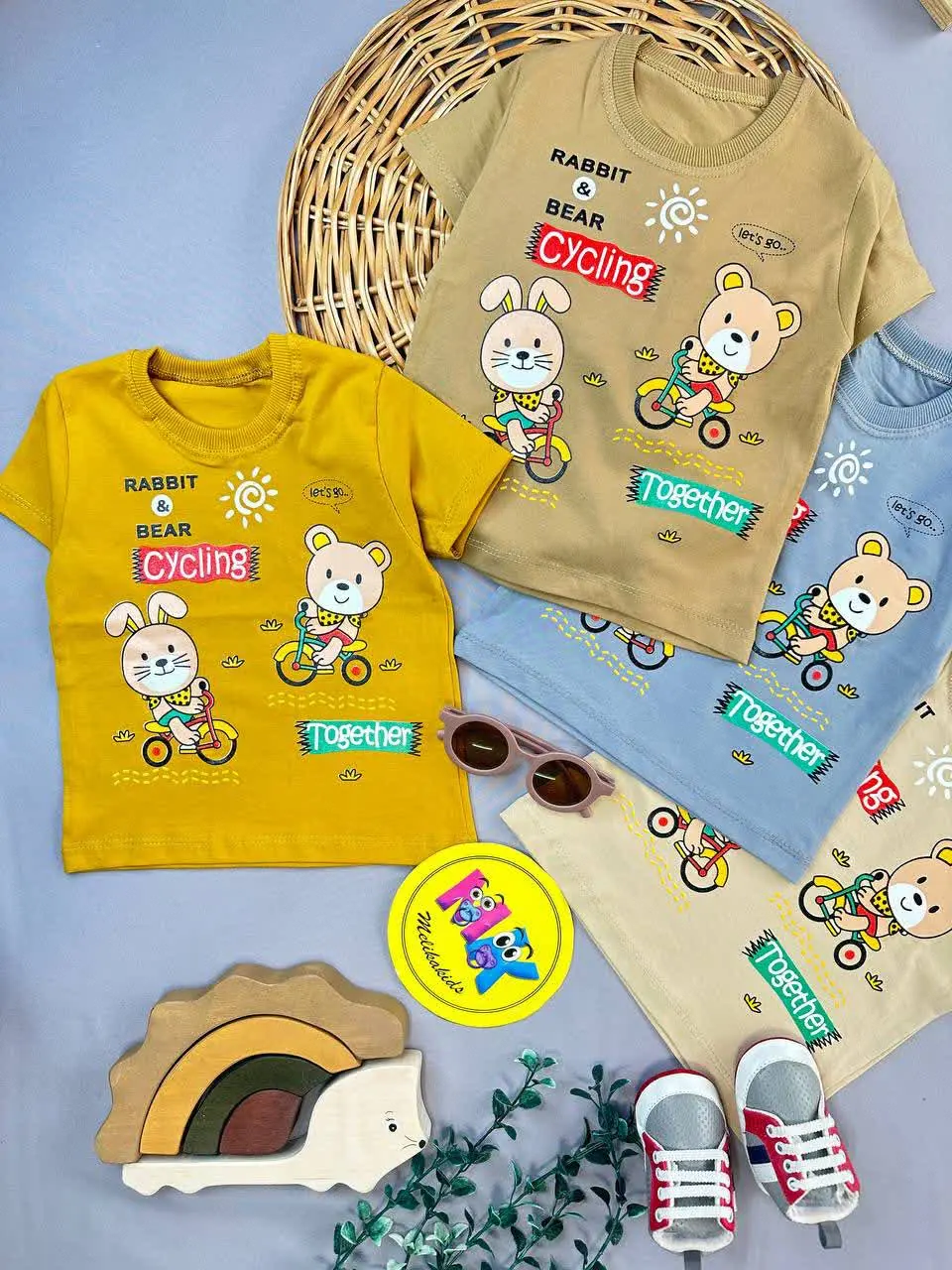 بلوز تیشرت تک طرح خرس دوچرخه سوار نوزادی و کودک کد ۱۱۱۱۳ 
