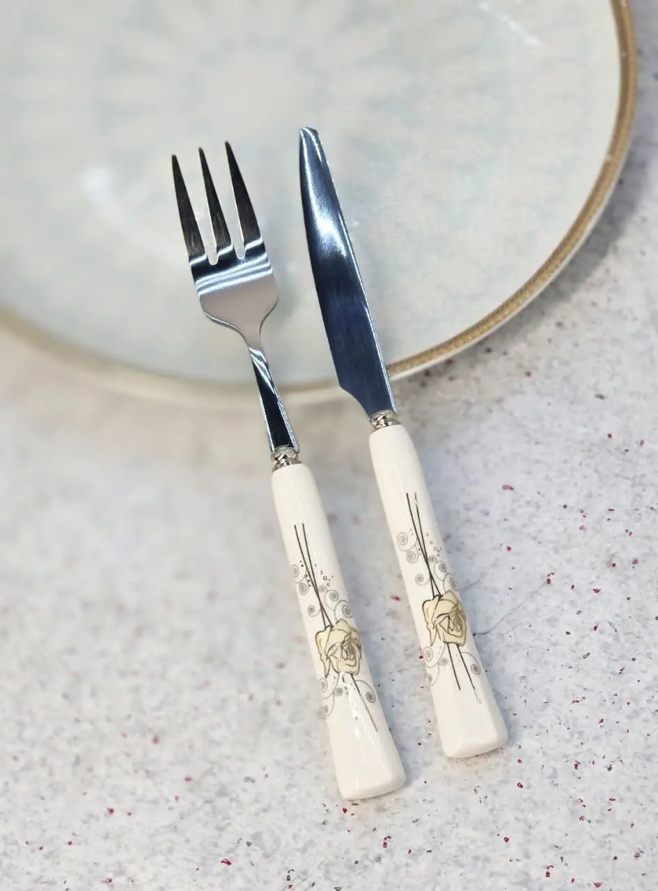 #کارد و چنگال استیل سرامیکی گلدار🍓 
