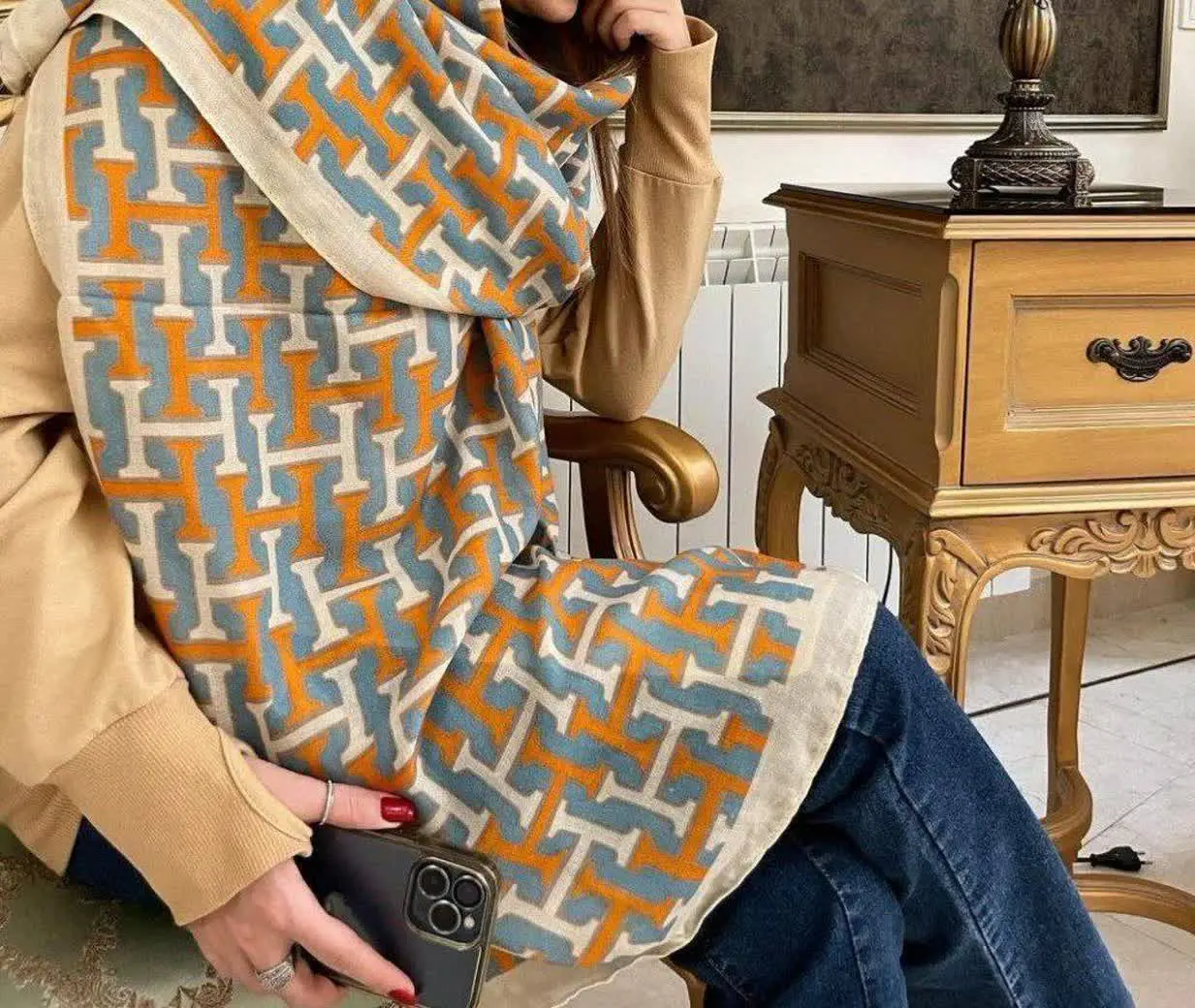 🍁شال نخ پنبه منگوله دار