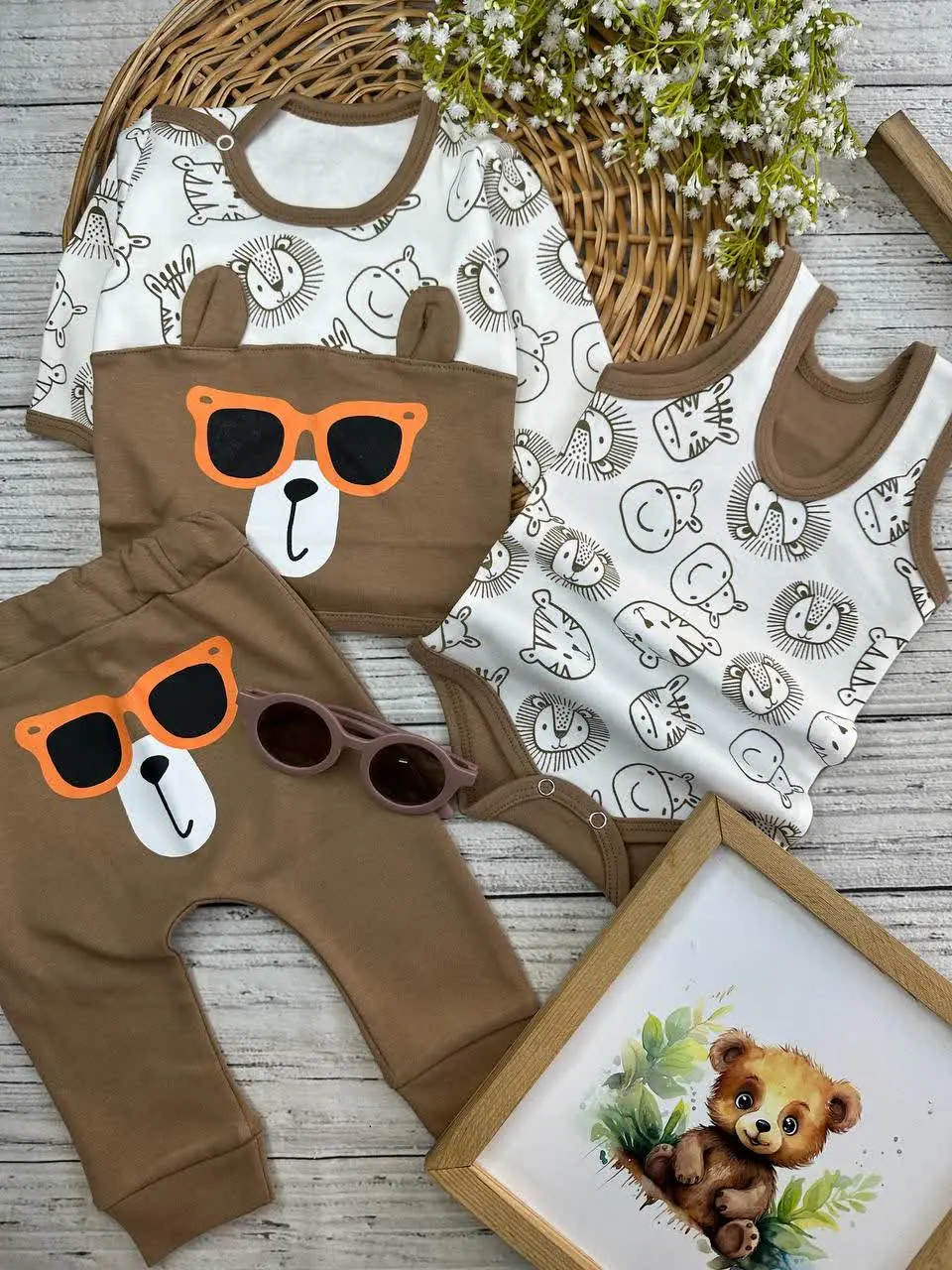 سه تکه طرح خرس و عینک دودی شکلاتی نوزادی و کودک کد ۱۱۷۲۶۲ 
