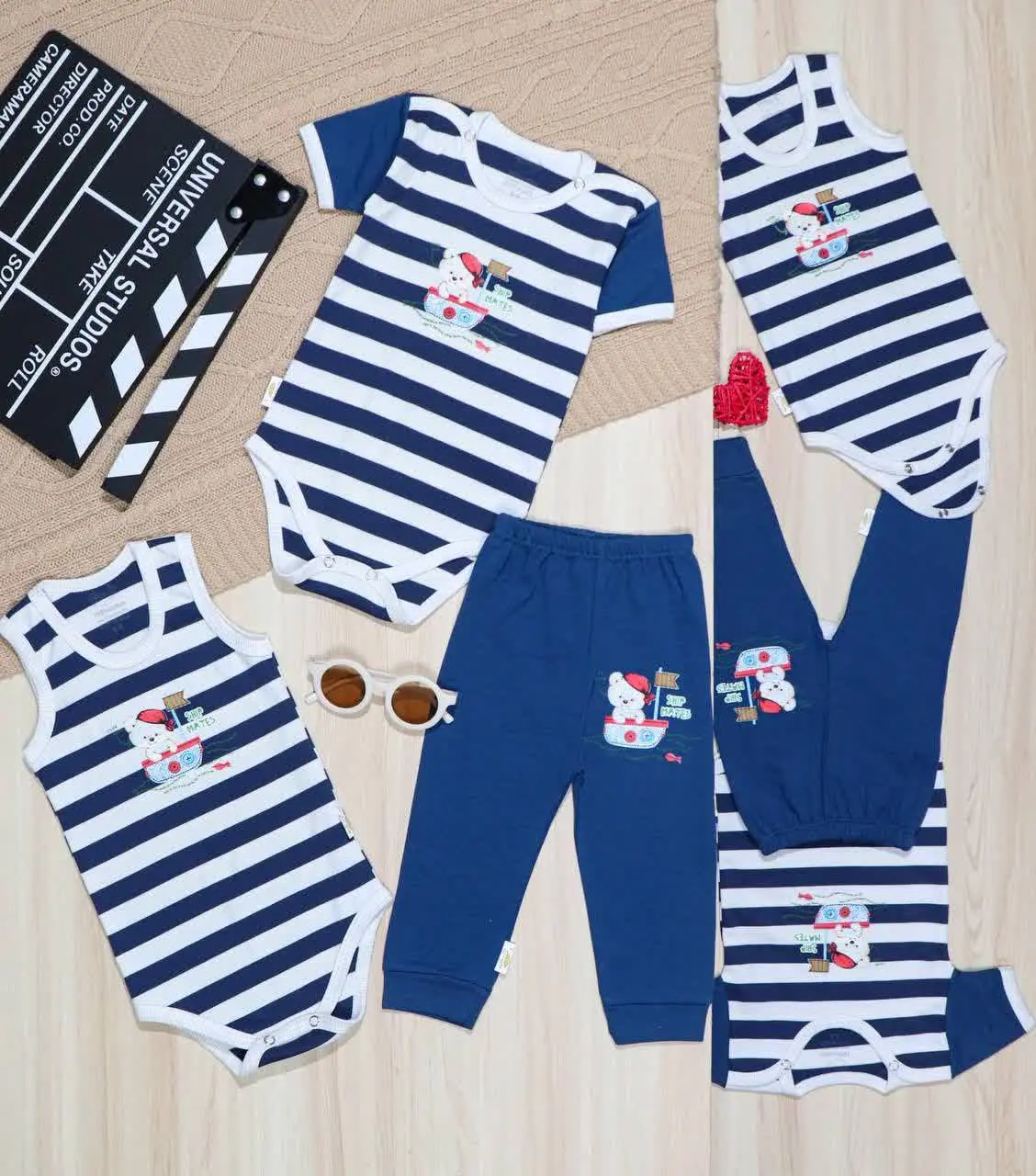 👫سه تیکه نوزادی زیردکمه راه راه چاپ خرس👫
