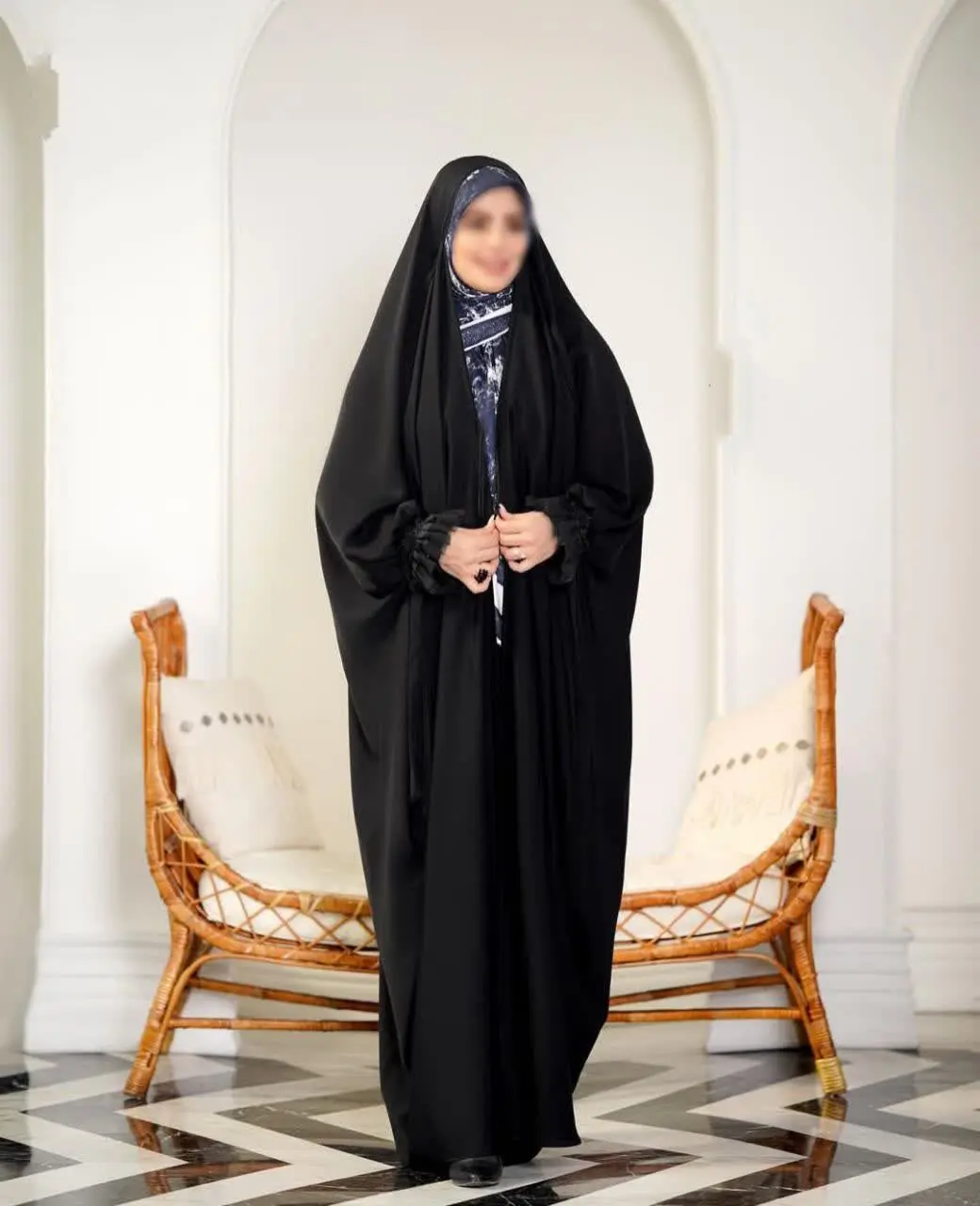 چادر عربی با آستینهای تور دار و پاپیونی
