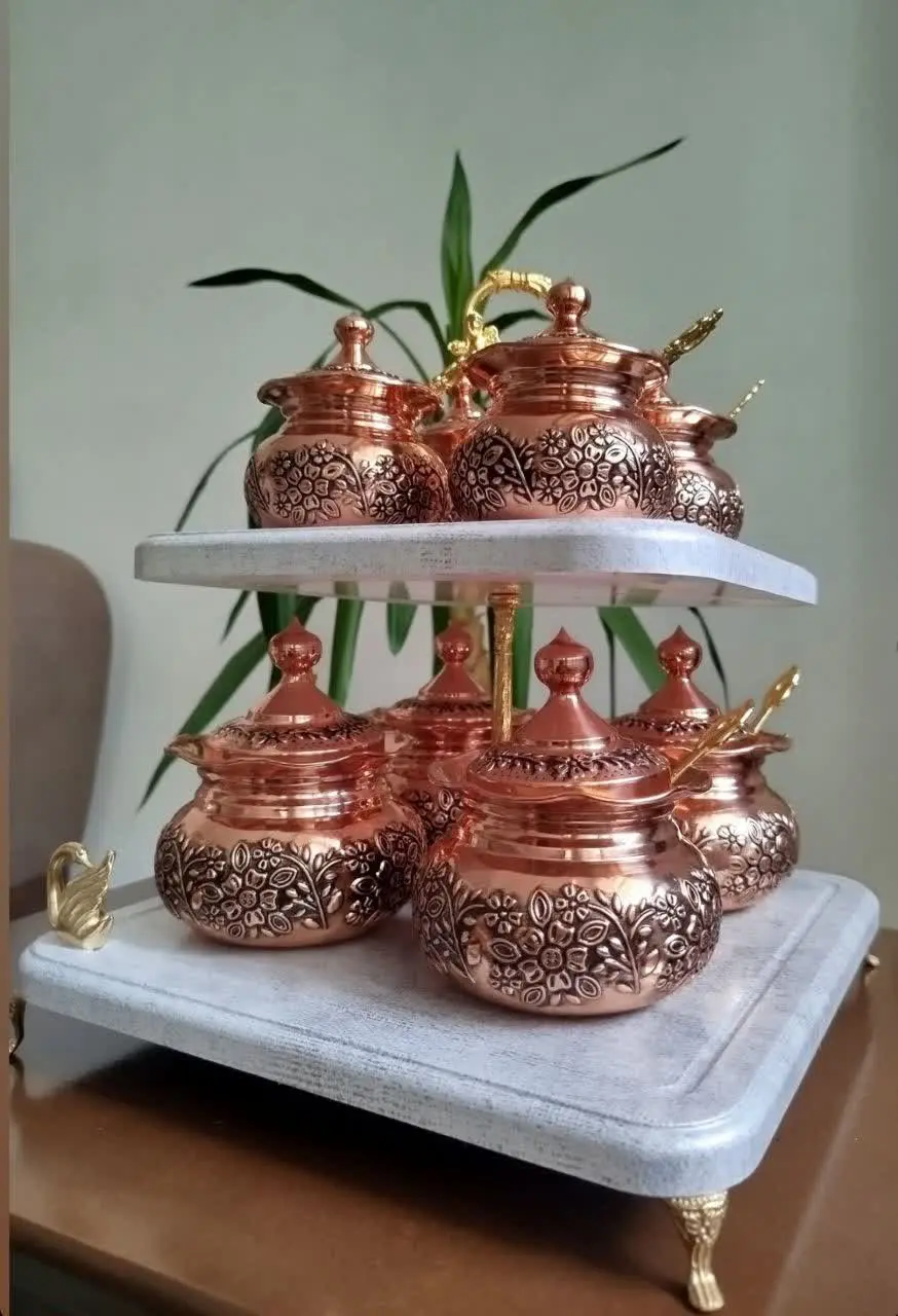 پا سماوری وجا ادویه مسی سیاه قلم ۸عددی دو طبقه 
