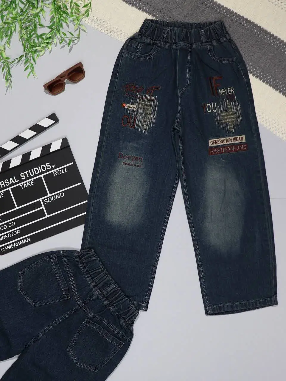 👫شلوار جین بگ پسرانه تیره گلدوزی IF👫
