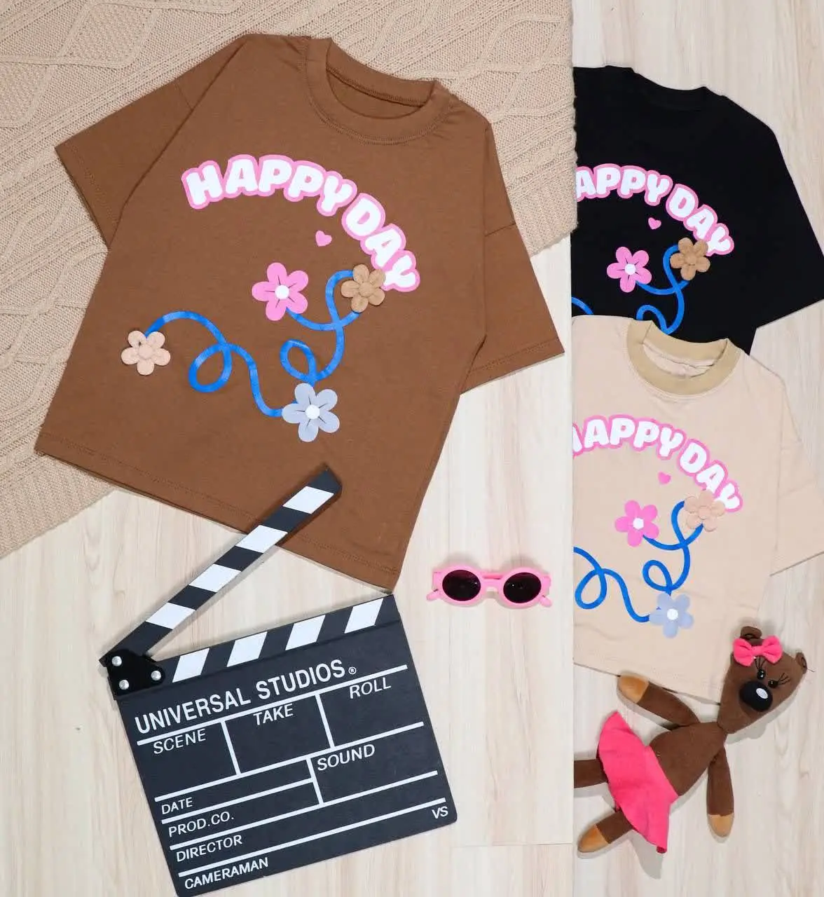 👫تیشرت دخترانه گل برجسته چاپ HAPPY DAY👫
