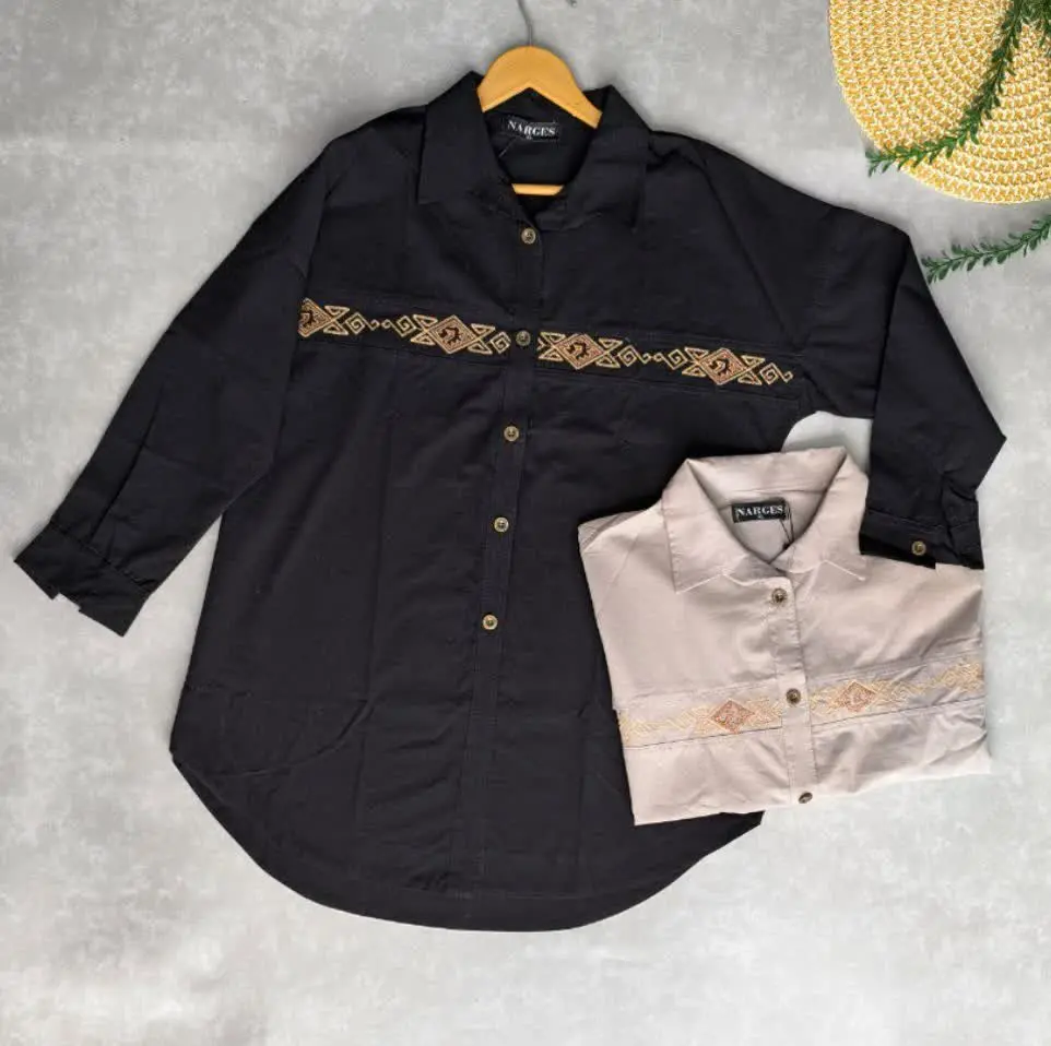 ✅شومیز گلدوزی هندسی، کتان ب...